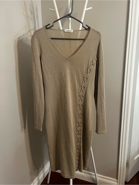 Calvin Klein Dresses & Skirts - Calvin Klein Shimmery Long-Sleeve V-Neck Dress with Lace-Up Detail